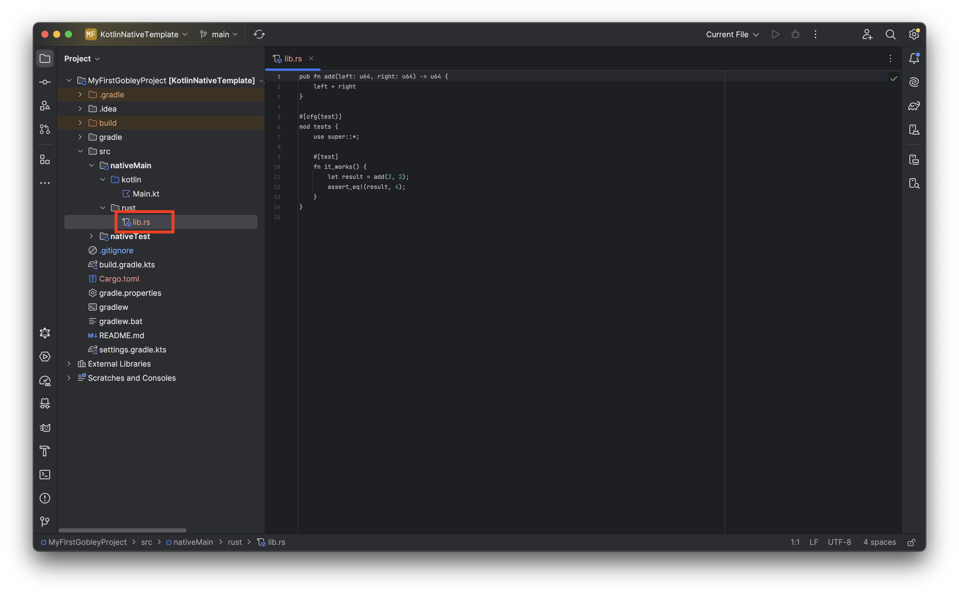 The IntelliJ IDEA screen after moving lib.rs