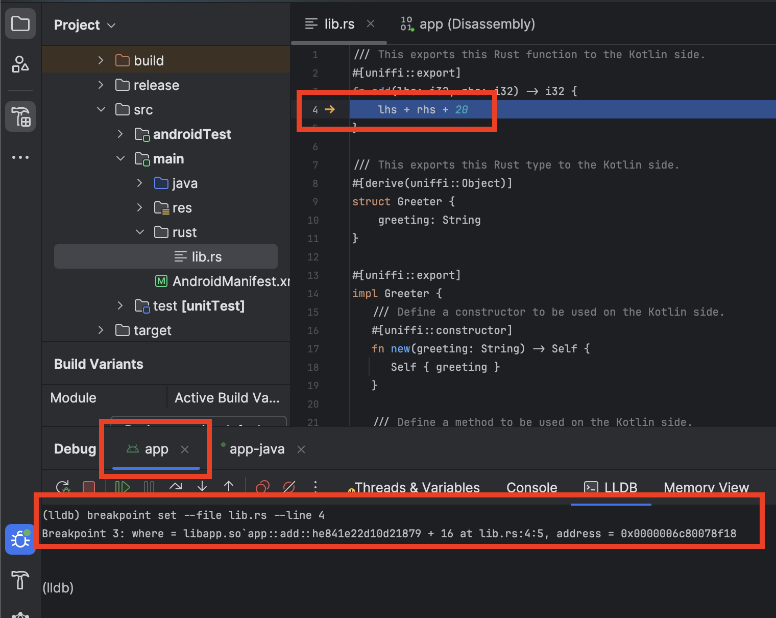 Debugging example using the breakpoint set command